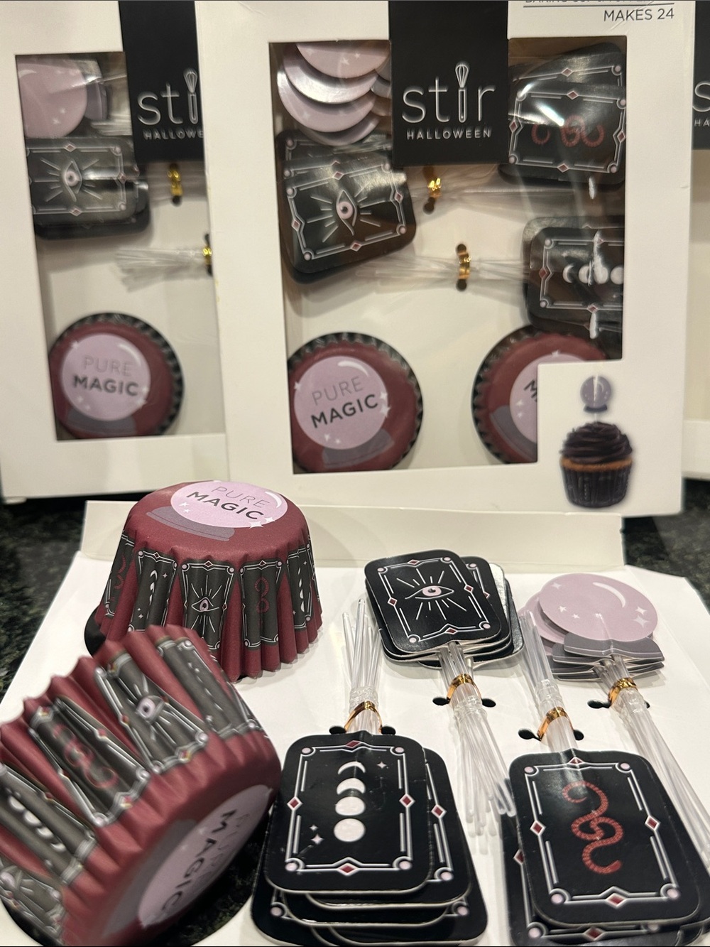 STIR Pure Magic Cupcake Kit burgundy Black Party Set Halloween toppers picks NEW